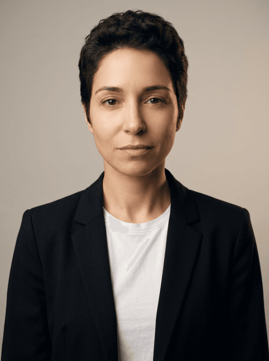 Example studio headshot of a woman, mid 30s, Mixed race, a black blazer over a white t-shirt, on a light-grey backdrop