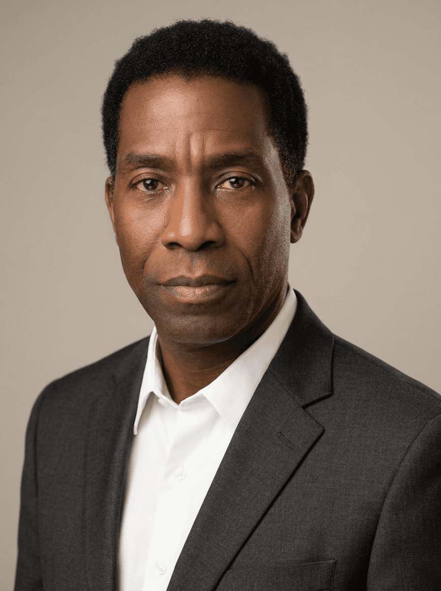Example studio headshot of a man, 50s, Black African American, a charcoal suit jacket over a white shirt, no tie, on a light-grey backdrop