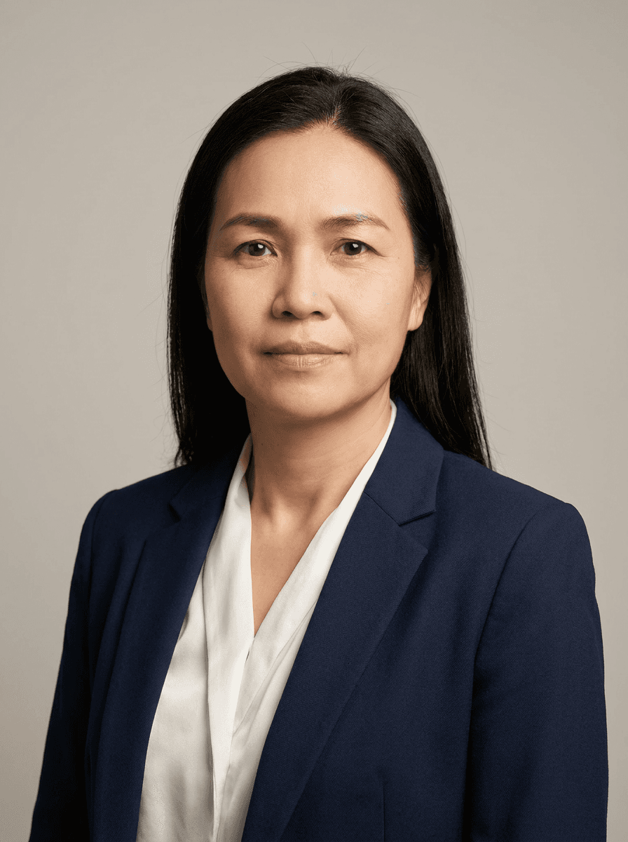 Example studio headshot of a woman, late 40s, East Asian, a navy blazer over a white silk blouse, on a light-grey backdrop