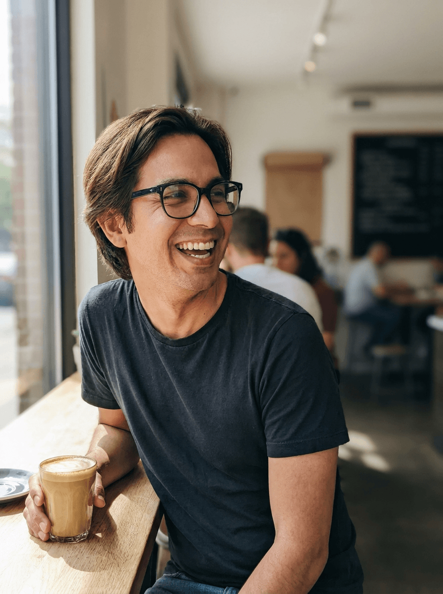 Example Casual Coffee dating photo of a man, mid 30s, South Asian