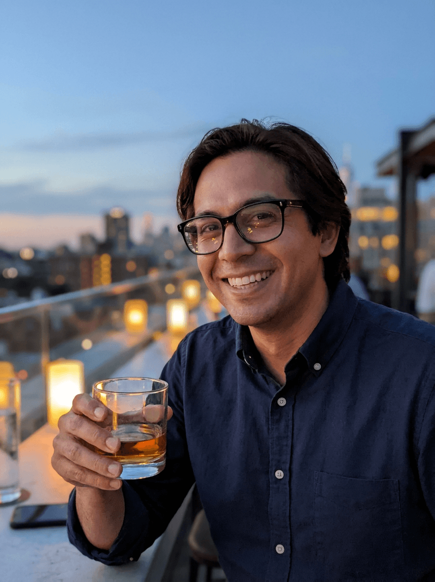 Example Night Out dating photo of a man, mid 30s, South Asian