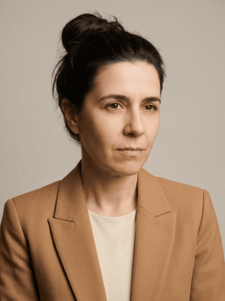 Example studio headshot of a woman, 50s, Mediterranean, a camel blazer over a cream top, on a light-grey backdrop