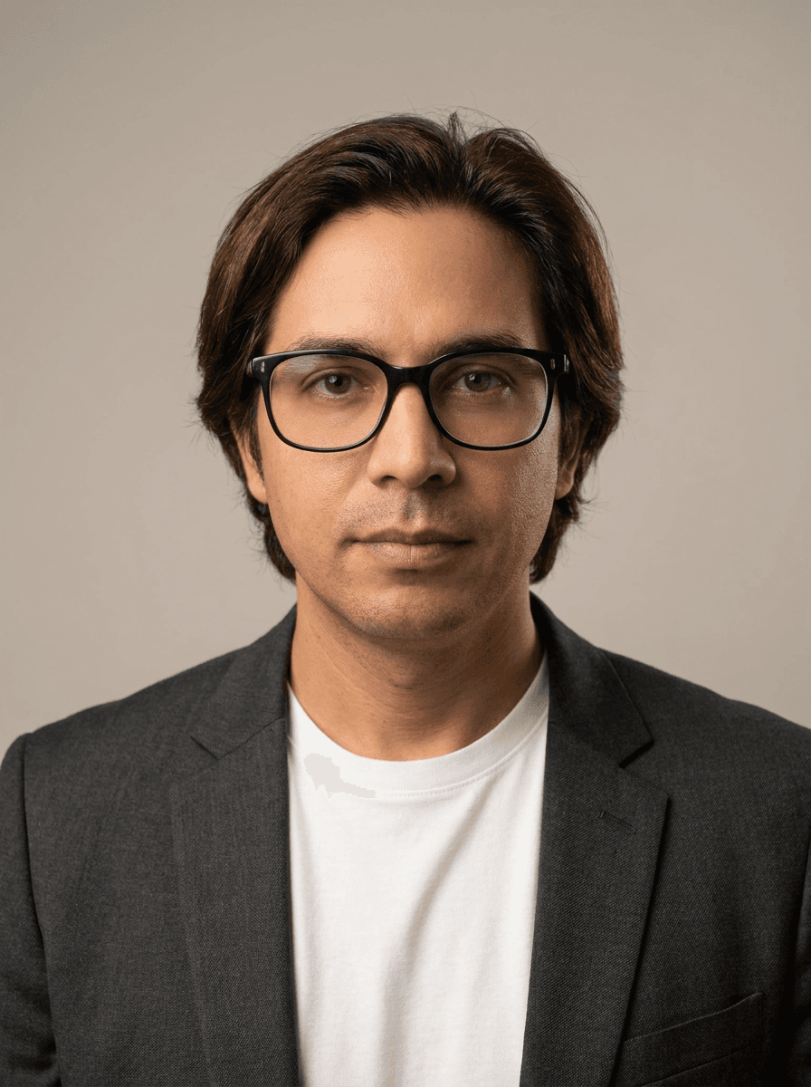 Example studio headshot of a man, mid 30s, South Asian, a dark grey blazer over a white t-shirt, on a light-grey backdrop