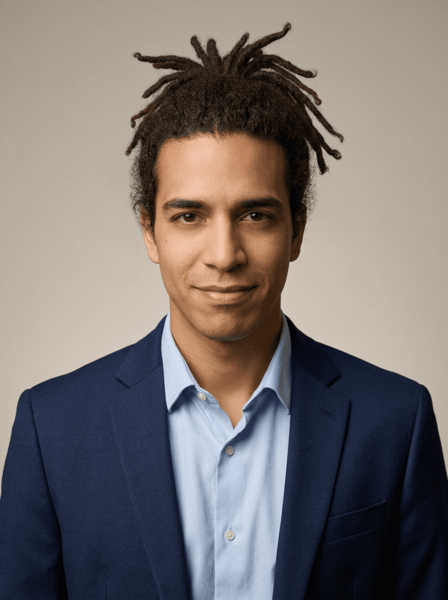 Example studio headshot of a man, late 20s, Latino, a navy blazer over a light-blue shirt, no tie, on a light-grey backdrop