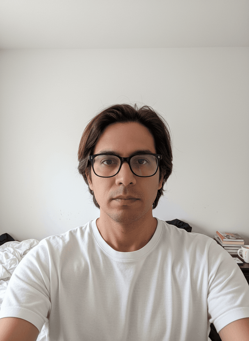 Example phone selfie of a man, mid 30s, flat indoor light