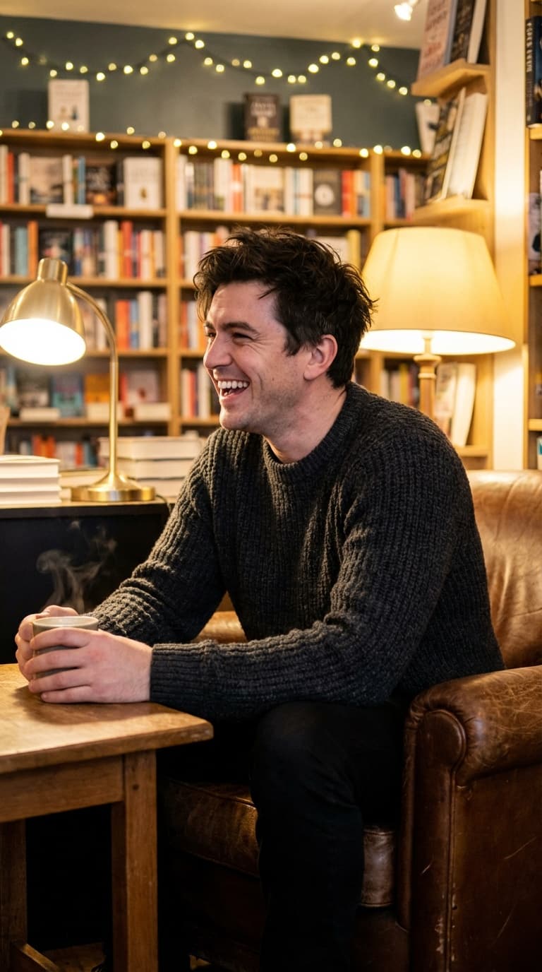 Example Cozy Indoor dating photo of a man laughing in a bookshop armchair