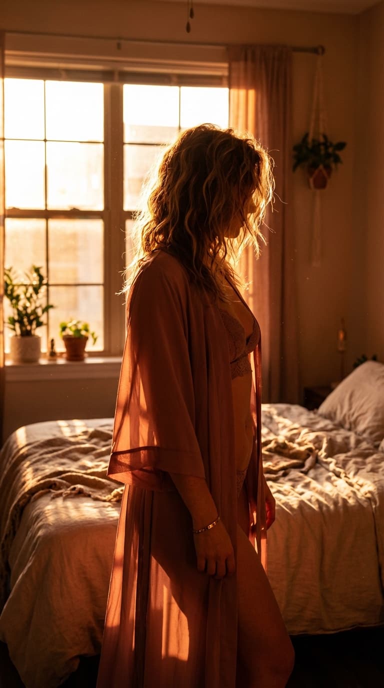 AI-generated golden-hour photo in a sheer robe by a bedroom window